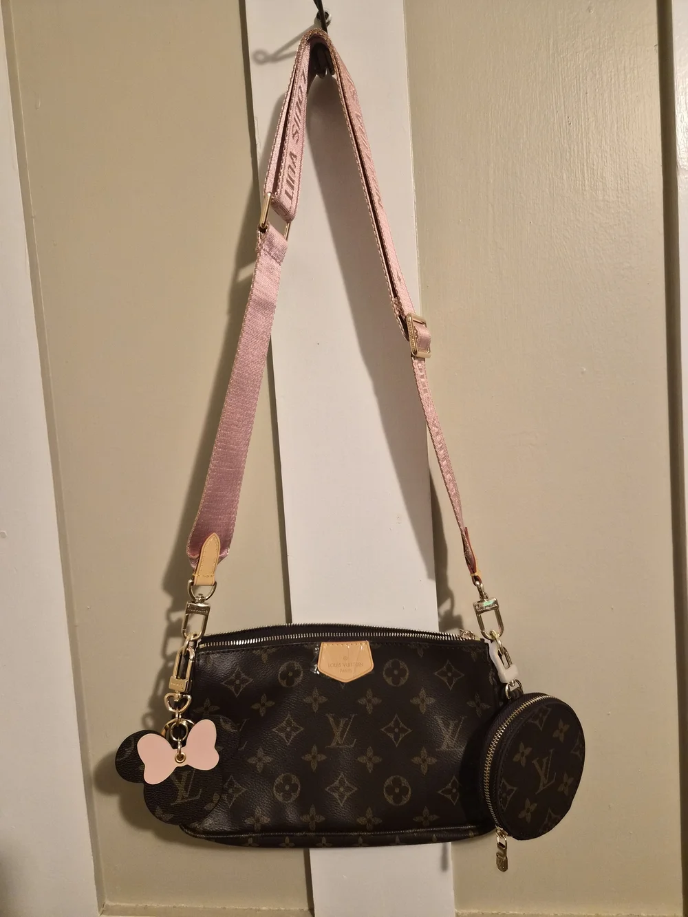 Louis Vuitton Brown Monogram Canvas Crossbody with Pink Strap